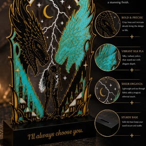 May include: A decorative acrylic display featuring a black and teal dragon design with a central couple silhouette, lightning, and a crescent moon. The black base is inscribed with the text 'I'll always choose you.' Includes callouts for 3D detail.