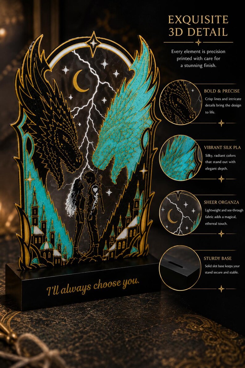 May include: A decorative acrylic display featuring a black and teal dragon design with a central couple silhouette, lightning, and a crescent moon. The black base is inscribed with the text 'I'll always choose you.' Includes callouts for 3D detail.