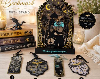 May include: A decorative display stand featuring a silhouette of two figures and a dragon, with the text 'I'll always choose you.' Four distinct bookmarks are arranged in front, each showcasing intricate dragon, sword, and celestial illustrations.