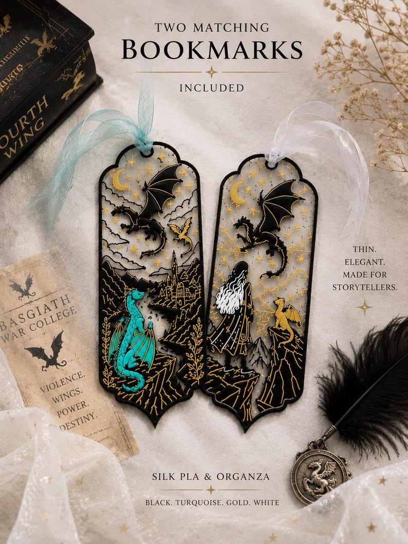 Fantasy dragon book stand displayed with Fourth Wing books candles and warm dark academia bookish decor for romantasy readers.