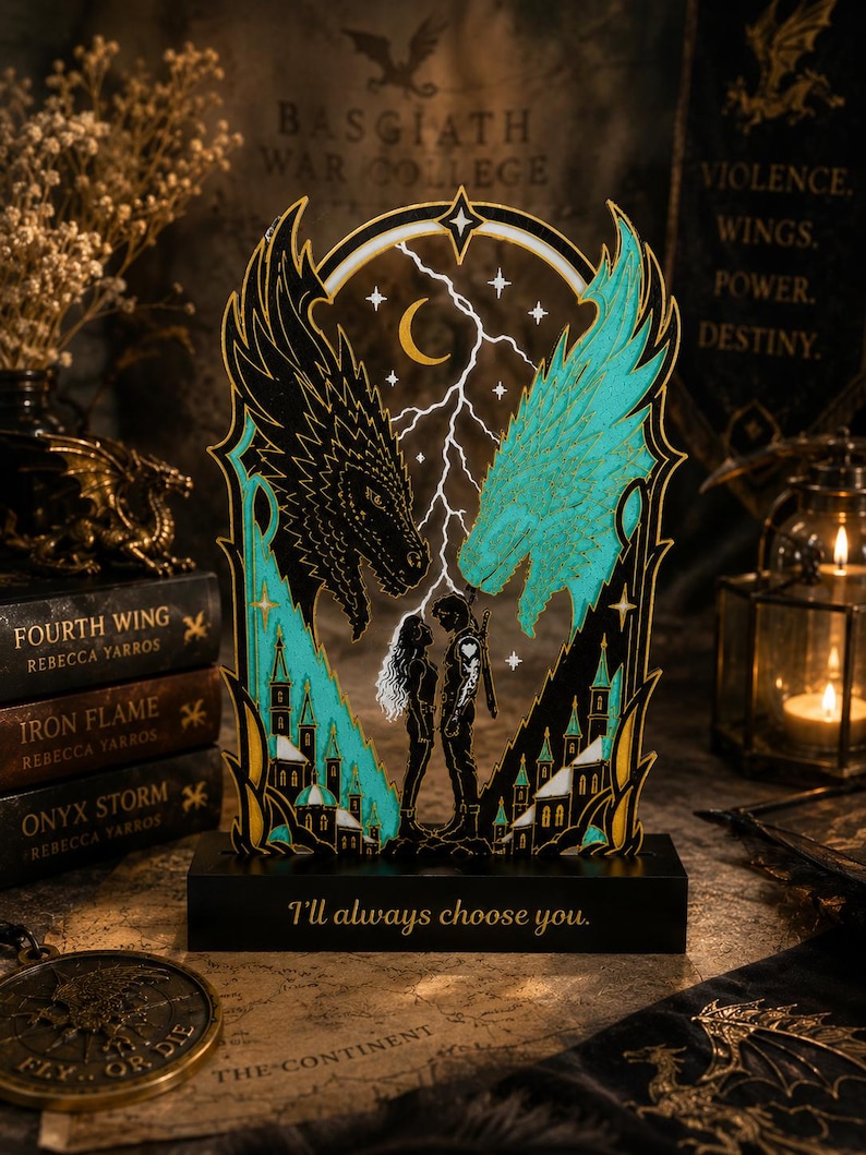 Fourth Wing inspired 3D printed book stand featuring black and turquoise dragons gold details and romantic couple design.