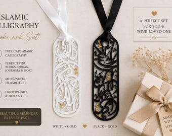 May include: A set of two bookmarks featuring intricate Islamic calligraphy, one white with gold accents and one black with gold accents, each topped with a matching ribbon. The text reads ISLAMIC CALLIGRAPHY Bookmark Set, A PERFECT SET FOR YOU & YOUR LOVED ONE, and MADE WITH LOVE.