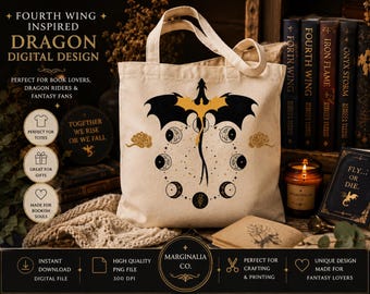 May include: A beige canvas tote bag featuring a central graphic of a black dragon with gold wings, surrounded by a circular arrangement of moon phases in black and gold. The design includes small gold cloud motifs on either side of the dragon.