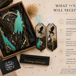 Fourth Wing gift set beautifully packaged in kraft gift box with black organza ribbon matching fantasy bookmarks and dragon book stand.