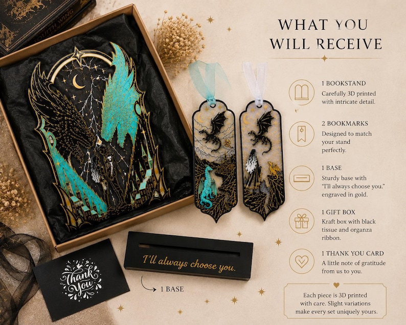 Fourth Wing gift set beautifully packaged in kraft gift box with black organza ribbon matching fantasy bookmarks and dragon book stand.