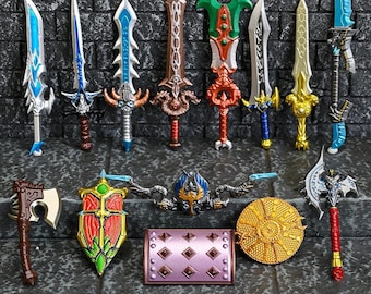 Custom World Of Warcraft Minifigure Weapon Pack, Medieval Fantasy Role-Play Gear, Sword, Axe & Shields (Minifigures Not Included)