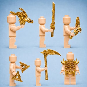 Gyllene Reforged Ninja 6-delat vapenset för minifigurer, rustning, svärd, stav, lie och shuriken-tillbehör