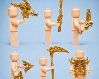 Golden Reforged Ninja 6 Piece Weapon Set for Minifigures, Armor Swords Staff Scythe & Shuriken Accessories