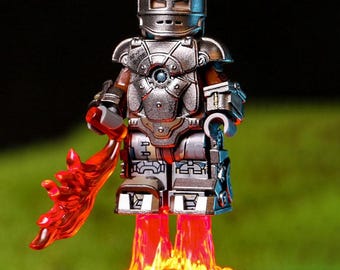 MK1 Iron Hero Minifigure Armor Kit, Silver Prototype Suit, Flame Effects, Helmet & Armor Accessories