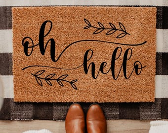 Oh Hello Door Mat, Modern Script Welcome Mat, Minimalist Leaf Entryway Doormat, Entryway Home Decor, Leaf Decor Mat, Neutral Doormat