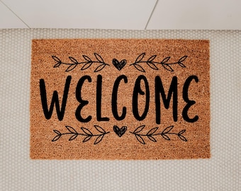 Welcome Doormat, Floral Welcome Mat, Farmhouse Entryway, Cozy Front Doormat, Housewarming Gift, Floral Doormat, Neutral Decor, Leaf Design