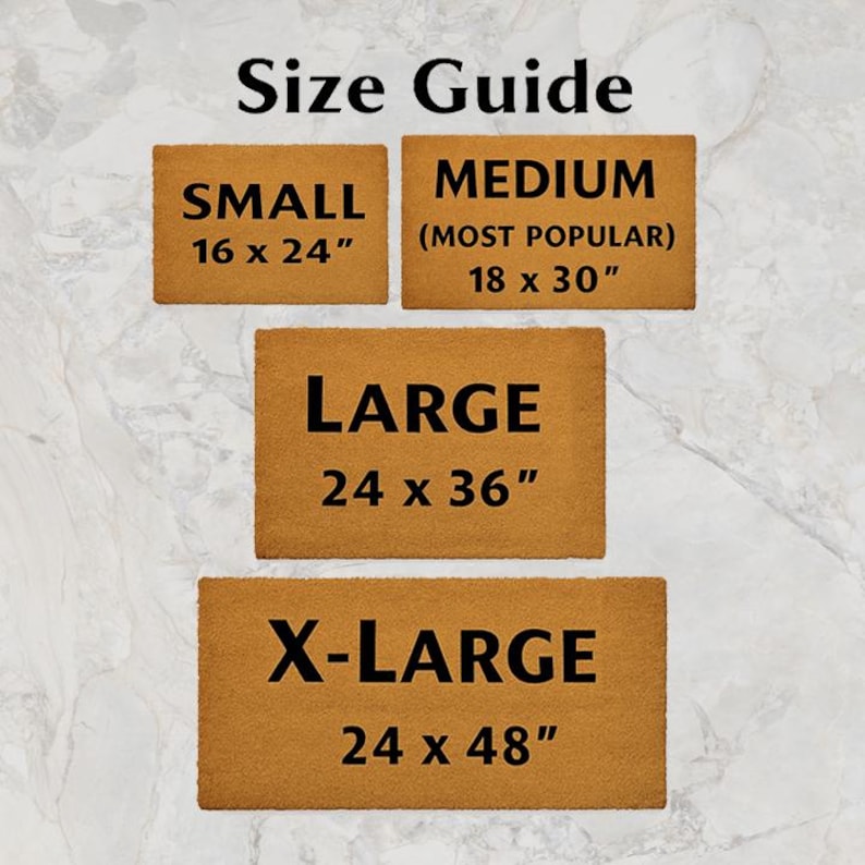 Puede incluir: Una gu&iacute;a de tallas para felpudos, con el texto "Size Guide" en la parte superior. La gu&iacute;a muestra cuatro tama&ntilde;os: Peque&ntilde;o (40,6 x 61 cm), Mediano (45,7 x 76,2 cm), Grande (61 x 91,4 cm) y X-Grande (61 x 122 cm).
