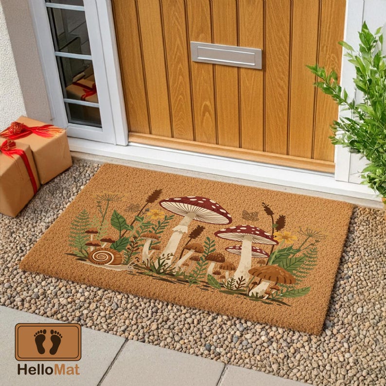 Puede incluir: Una alfombra rectangular con un fondo marr&oacute;n y una ilustraci&oacute;n detallada de setas, helechos y un caracol. Las setas tienen sombreros rojos y blancos. El texto "HelloMat" est&aacute; en la esquina inferior izquierda.