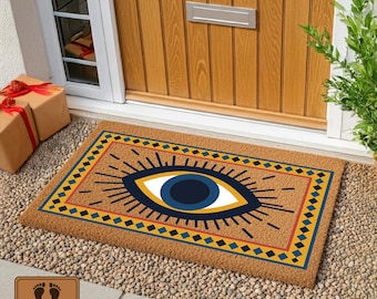 Boho Evil Eye Coir Doormat, Mystical Home Protection