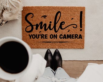 Smile You’re On Camera Mat, Security Entryway Decor Gift, Housewarming Gift, Welcome Mat Humor, Security Mat, Funny Warning, Door Warning