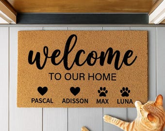 Personalized Dog Cat Names Doormat, Custom Family Doormat, Custom Pet Mat, Welcome Mat With Names, Dog Cat Family