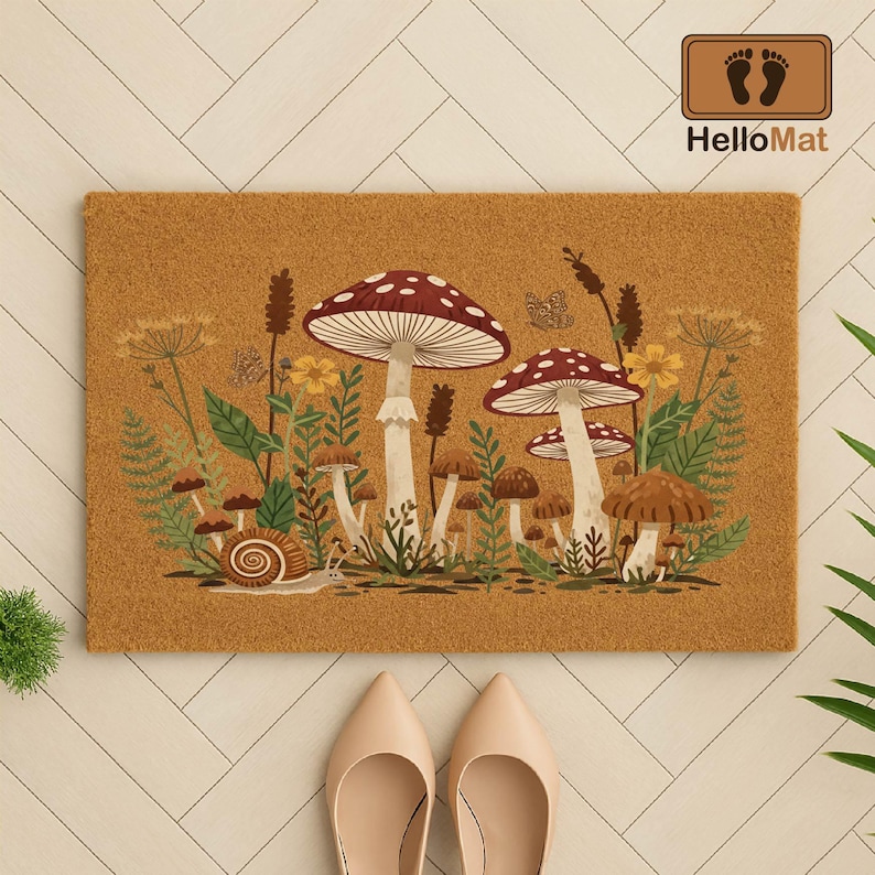 Puede incluir: Una alfombra rectangular con una ilustraci&oacute;n detallada de setas, plantas y un caracol. Las setas tienen sombreros rojos y blancos con lunares. La alfombra es marr&oacute;n con el texto "HelloMat".