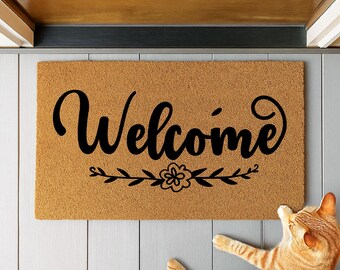 Welcome Doormat, Floral Welcome Mat, Farmhouse Entryway Decor Gift, Neutral Front Door Mat, Housewarming Gift, Floral Doormat, Home Decor