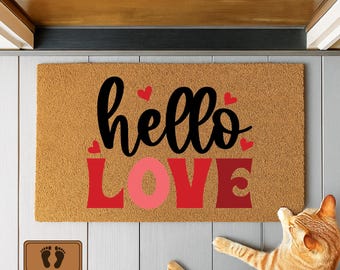 Hello Love Doormat, Valentine Doormat, Welcome Mat With Heart Design, Heart Welcome Mat, Romantic Entryway Doormat, Love Porch Decor