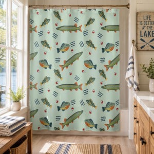 Personalized Fish Pattern Shower Curtain | Lake House Nautical Bathroom