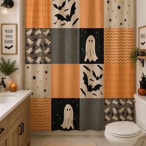 Halloween Patchwork Ghosts and Bats Shower Curtain | Orange Black Pattern