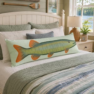 Reading Nook Pillow, Mint Green Fish Print, 20" × 54" Long Lumbar