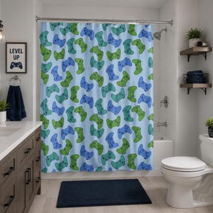 Gamer Shower Curtain with Blue Green Controller Pattern