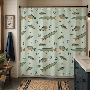 Personalized Fish Pattern Shower Curtain | Lake House Nautical Bathroom