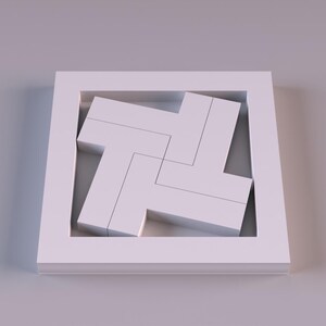May include: A white geometric puzzle with a square frame. The puzzle pieces are arranged in a symmetrical pattern within the frame. The design is minimalist and modern, with clean lines and a monochromatic color scheme.