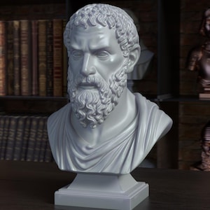 Puede incluir: Busto blanco de un hombre con barba y pelo rizado, sobre un pedestal. La escultura está frente a una estantería llena de libros. Otros bustos son visibles en el fondo.