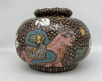 Battle Animals - handpainted ceramic pot with 22k gold luster