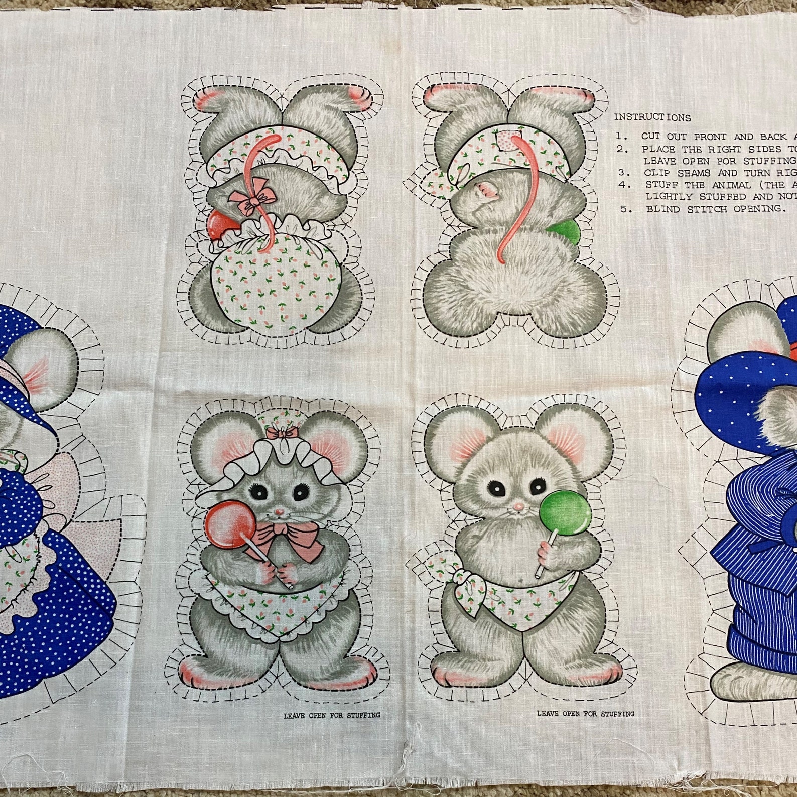 Vintage Stuffed Animal Fabric Panel Vintage Four Cute Mice Etsy