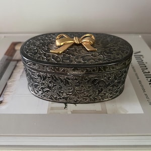 Vintage Silver Trinket Box: Gold Bow, Embossed Floral Design