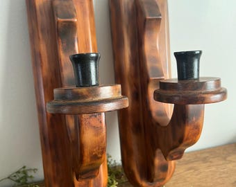 Vintage Wooden Sconces Set | Mid Century Modern Candle Holders, Rustic Wood Decor