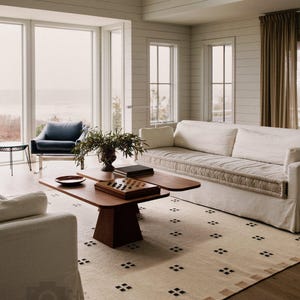 Cream Beige Wool Rug – Handwoven Flatweave – Small Black Block Pattern – Neutral Area Carpet for Bedroom, Living Room, Entryway Area Rug