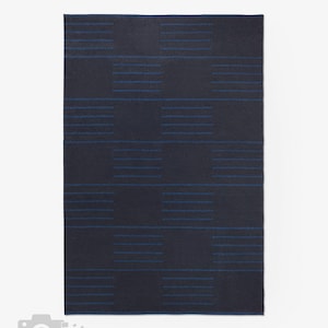 Handwoven Flatweave Wool Rug – Deep Navy with Blue Stripe Block Pattern – Minimalist Dark Carpet – Modern Decor for Any Interior Area Rug