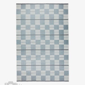 Blue and Ivory Wool Rug – Handwoven Flatweave Carpet with Grid and Stripe Pattern – Minimal Modern Decor for Living Room or Bedroom Rug