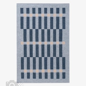 Handmade Handwoven Flatweave Wool Rug Modern Checkered Design – Rectangular Blue Beige Area Carpet – Minimalist Scandinavian Decor Area Rug
