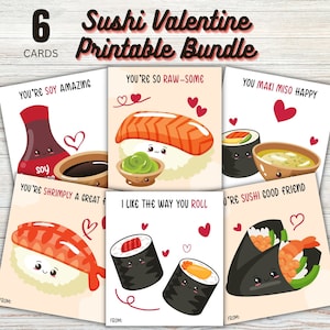 Paquete imprimible de Sushi Valentine - Tarjetas imprimibles del Día de San Valentín PDF - Descarga instantánea