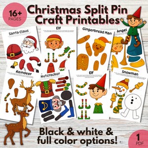 Op de afbeelding: Kerstmis Split Pin Craft Printables met Santa Claus, Elf, Gingerbread Man, Angel, Reindeer, Nutcracker en Snowman ontwerpen. Inclusief zwart-wit en full color opties. 16+ pagina's.