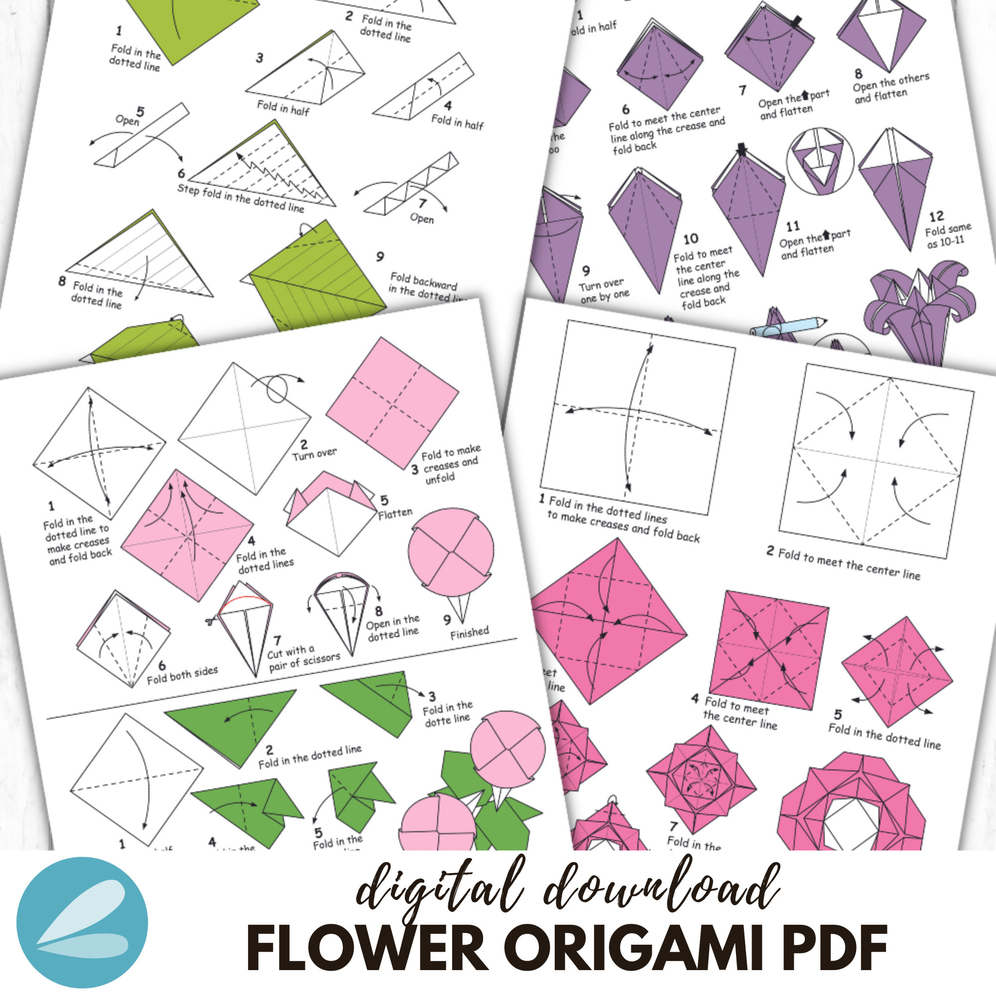 Origami Flower Printable Pages - Flower Origami PDF - Instant Download ...
