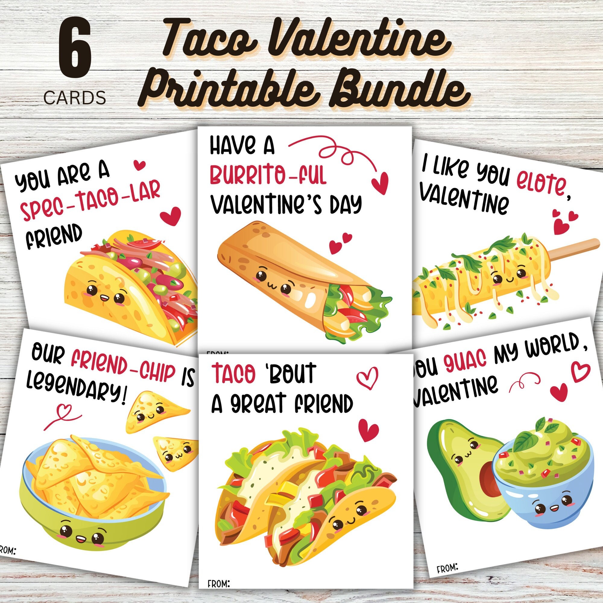Taco Valentine Printable Bundle Valentines Day Printable Cards PDF Instant Download Etsy