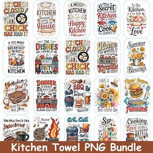 May include: A collection of kitchen-themed PNG designs for kitchen towels. The designs feature various phrases and illustrations related to cooking, food, and kitchen humor. The color palette includes yellow, orange, and brown.