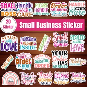 May include: A set of 20 small business stickers with assorted designs and phrases. The stickers feature text such as "Thank You," "Handle with Care," and "Your Order Has Arrived." The colour scheme includes pink, blue, and green.