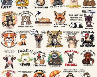 Sarcastic Animal PNG Bundle, Funny Quotes, Sublimation Designs (Digital Download)