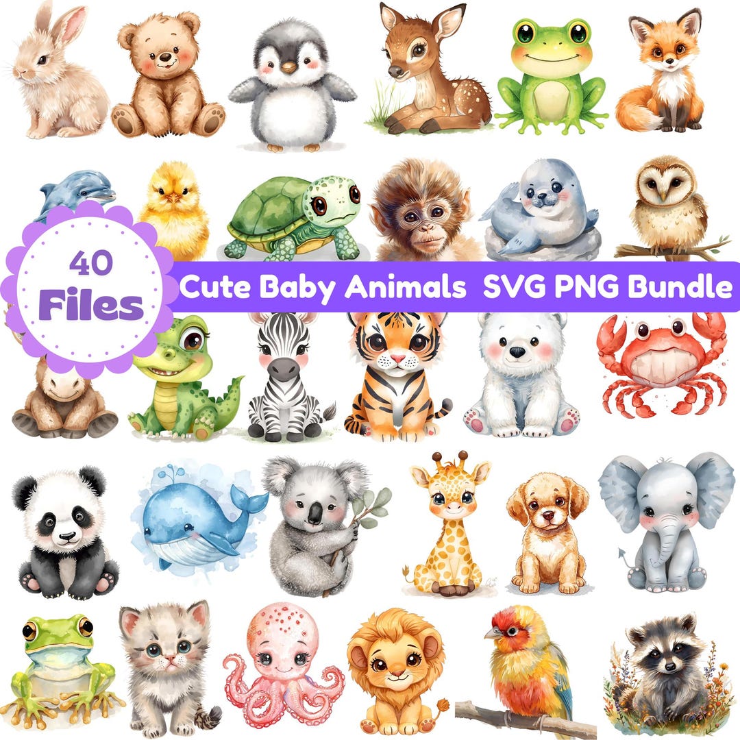 Watercolor Baby Animal Clipart Bundle, PNG SVG, Nursery Decor (digital ...