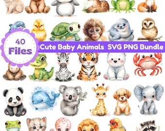 Watercolor Baby Animal Clipart Bundle, PNG SVG, Nursery Decor (Digital Download)