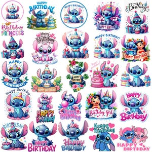 Stitch Birthday PNG SVG Bundle, Blue Alien Clipart