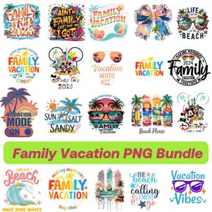 Puede incluir: Una colección de diseños PNG coloridos con temas de playa y vacaciones. Incluye texto como "Family Vacation", "Beach Please" y "Vacation Vibes". Los diseños presentan gafas de sol, palmeras y escenas de playa, ideales para viajes familiares.