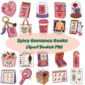 Pode incluir: Uma coleção de ilustrações digitais com temas de livros de romance, incluindo um bolo em forma de coração, caixa de fósforos, cúpula de vidro, sacola, copo de café, balde de pipoca e vários cartões com textos como Spicy Romance Books.